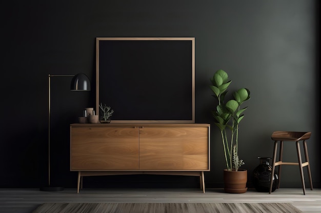 Un soggiorno verde scuro con una lavagna e una pianta sulla credenza.