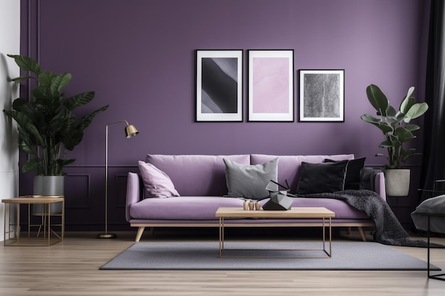 Un soggiorno viola con un divano viola e una pianta sul muro.