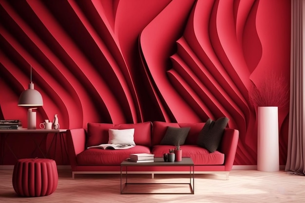 Un soggiorno visivamente sbalorditivo con decorazioni Pantone rosse e mobili di tendenza