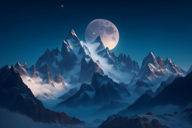 Un sogno dipinto digitale di una catena montuosa con la luna luminosa generata da Ai