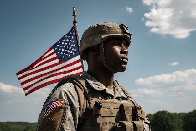 Un soldato americano con una bandiera americana in mano guarda fuori nel tempo limpido per il Giorno di Re