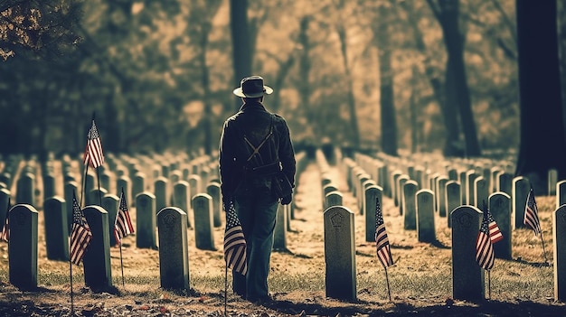 Un soldato attraversa un cimitero con la bandiera americana sul terreno.