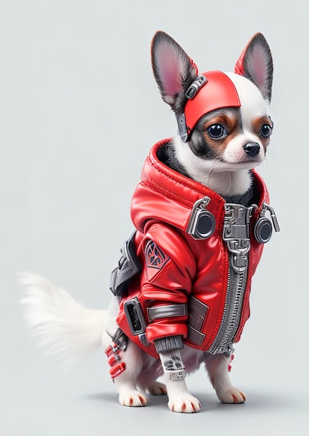 Un soldato cane futuristico che indossa una giacca cyberpunk