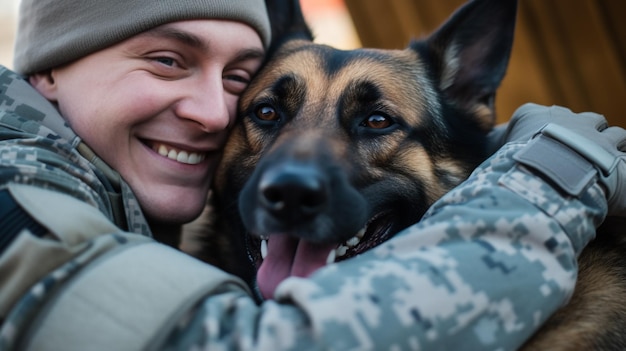 Un soldato che abbraccia il suo cane dopo essere tornato a casa dalla distribuzione di immagini di salute mentale illustrazione fotorealista