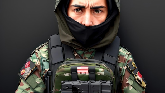 Un soldato che indossa un'uniforme militare con la bandiera americana sul davanti.