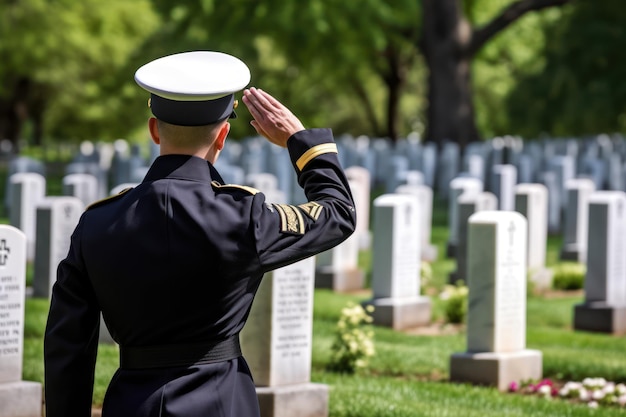 Un soldato che saluta in un cimitero