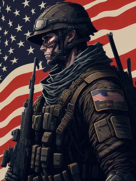 Un soldato con la bandiera degli Stati Uniti d'America