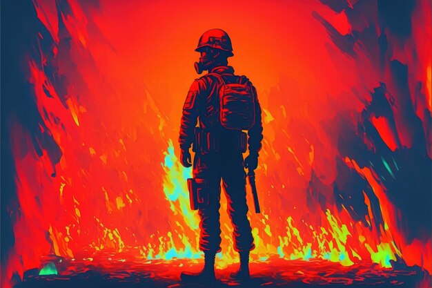 Un soldato con la sua pistola in piedi sullo sfondo del fuoco e guardando il visualizzatore Pittura illustrativa in stile arte digitale