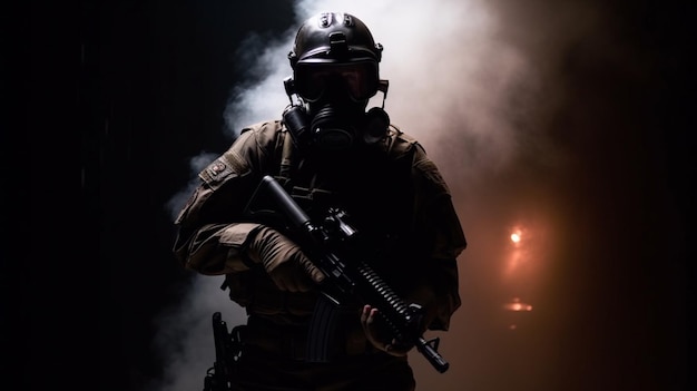 Un soldato con una maschera antigas si trova al buio con il fumo sullo sfondo.