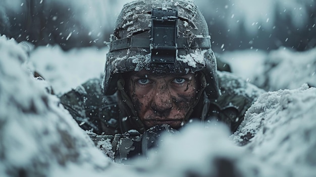 Un soldato con una mitragliatrice in una trincea in una posizione di combattimento durante una missione di battaglia in inverno