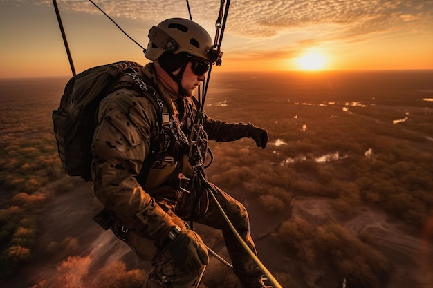 Un soldato è sospeso da un paracadute su una montagna.
