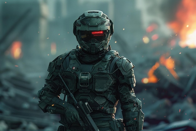 Un soldato futuristico in attrezzatura da combattimento si trova in mezzo a un campo di battaglia distopico