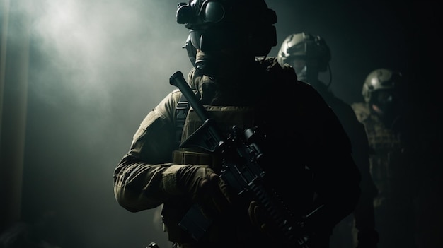 Un soldato in una stanza buia con un elmetto illuminato e una pistola.