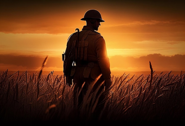 Un soldato in uniforme militare in piedi tra gli spicchi d'oro di un campo di grano al tramonto