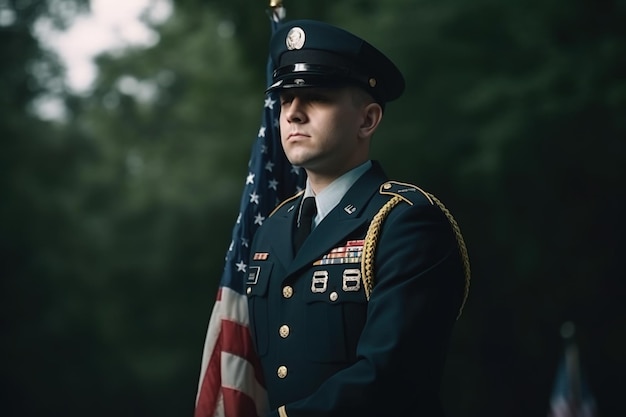 Un soldato in uniforme militare si trova di fronte a una foresta.