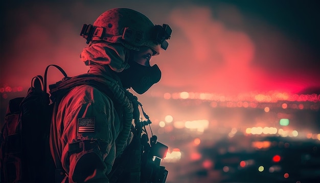 Un soldato in uniforme militare si trova di fronte allo skyline della città.