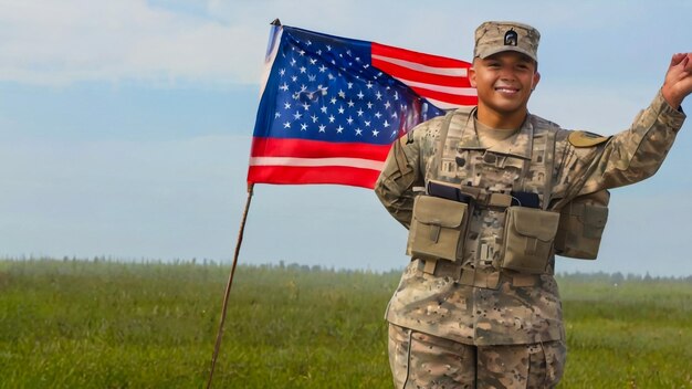 un soldato in uniforme militare tiene una bandiera