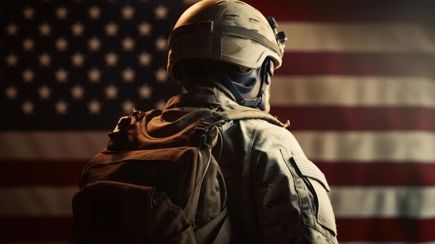 Un soldato si trova davanti a una bandiera americana