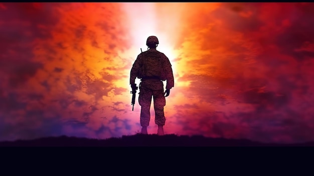 Un soldato si trova di fronte a un cielo nuvoloso.