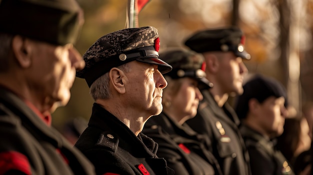 Un soldato si trova in formazione il suo viso solenne indossa un berretto militare e la sua uniforme è decorata con medaglie