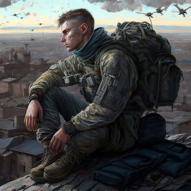 Un soldato siede su una sporgenza con un cielo nuvoloso sullo sfondo.