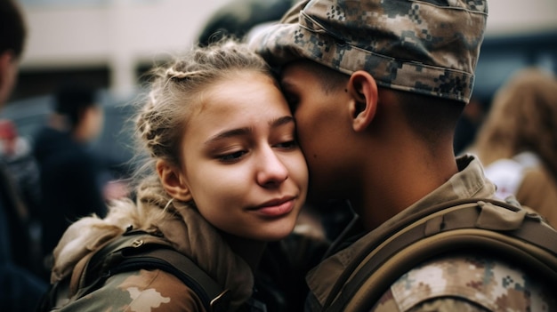Un soldato sta abbracciando una donna.