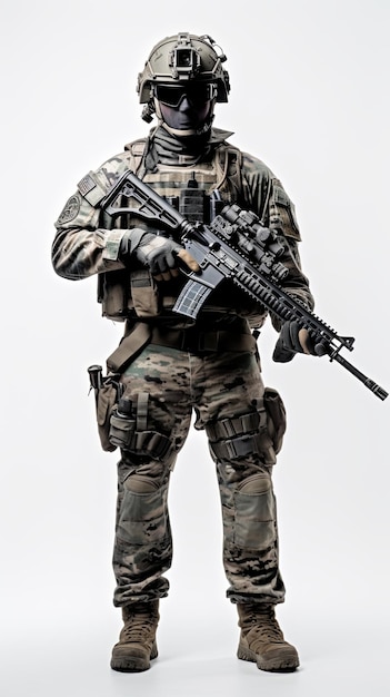 un soldato statunitense con una maschera in uniforme da combattimento completo su uno sfondo bianco