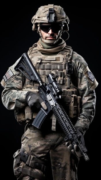 un soldato statunitense con una maschera in uniforme da combattimento completo su uno sfondo bianco