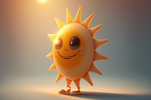 Un sole cartone animato con un sorriso sul volto sta camminando su uno sfondo grigio.