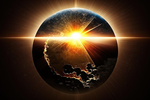 Un sole che sorge su un globo con raggi di luce che si diffondono in tutto il mondo
