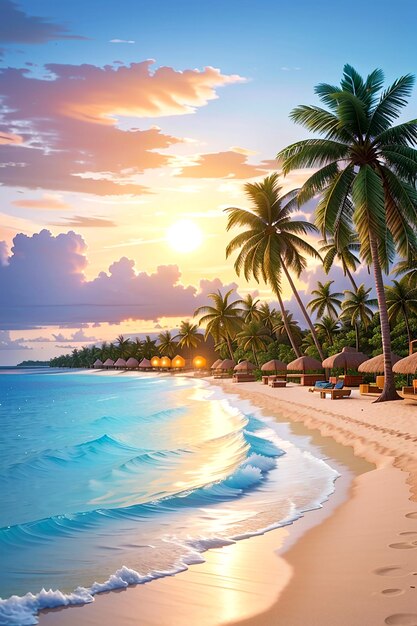 Un sole vibrante tramonta sul cristallino oceano lanciando un caldo bagliore sulla spiaggia sabbiosa fiancheggiata