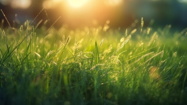 Un soleggiato campo di erba con un sole splendente sullo sfondo Ia generativa