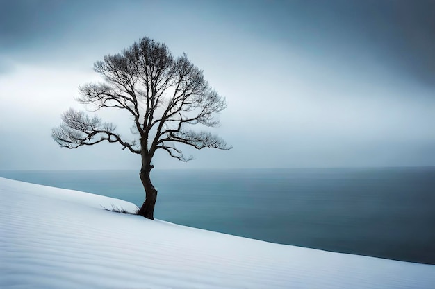 Un solitario albero invernale si riflette sul lago calmo incarnando la serenità mentre la neve ricopre il paesaggio