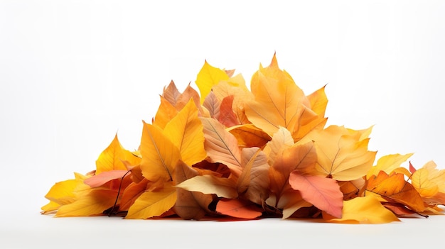 Un solitario mucchio di foglie cadenti su uno sfondo bianco AI generativa