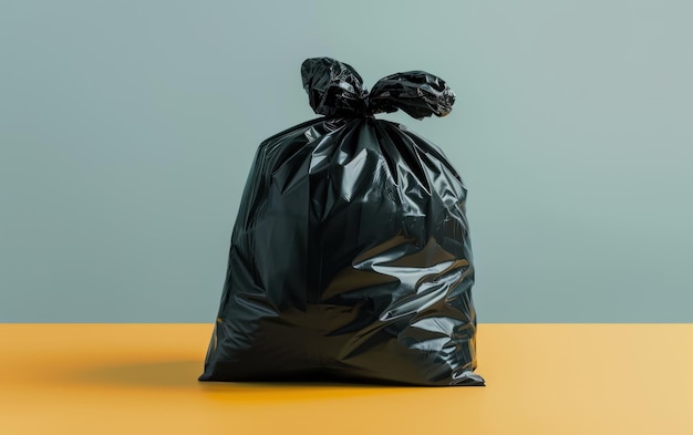 Un solo sacchetto della spazzatura nero legato che simboleggia lo smaltimento dei rifiuti