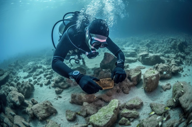 Un sommozzatore di archeologia marina recupera un antico manufatto in ceramica