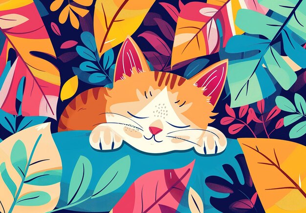 Un sonno tranquillo tra gli abbracci della natura un'illustrazione vibrante di un gatto annidato tra foglie colorate