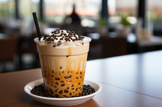 Un sontuoso Bubble Tea in un barattolo di plastica con latte, tapioca, perle di zucchero di canna