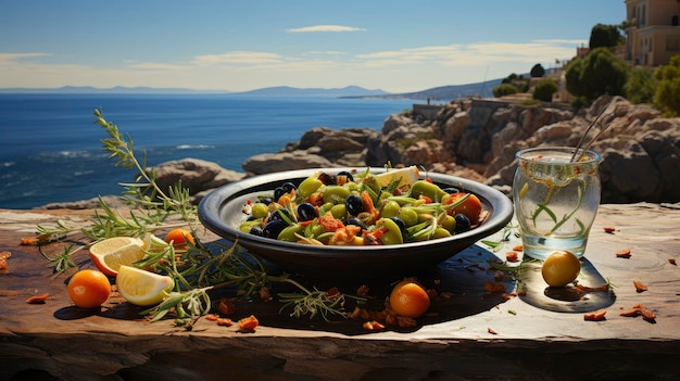 Un sontuoso pasto mediterraneo disposto su un rustico tavolo di legno con vista sul mare