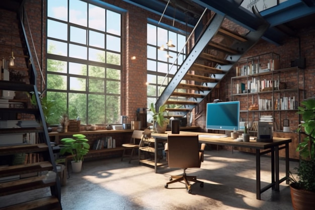 Un soppalco con una grande finestra e una scrivania con libreria e una scrivania con libreria.