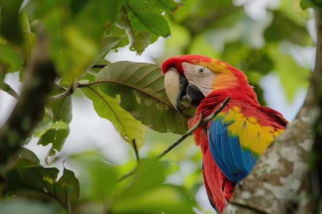 Un sorprendente pappagallo macao scarlatto con piume rosso-blu e gialle vibranti, appoggiato tra lussureggiante fogliame verde