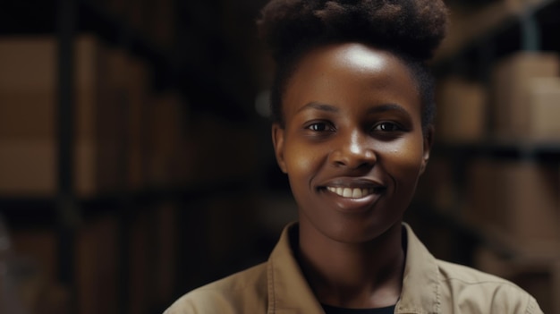 Un sorridente operaio femminile africano in piedi in magazzino
