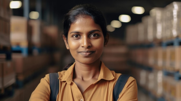 Un sorridente operaio femminile indiano in piedi in magazzino