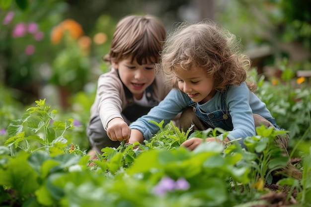 Un sorriso bambini è giardinaggio in primavera