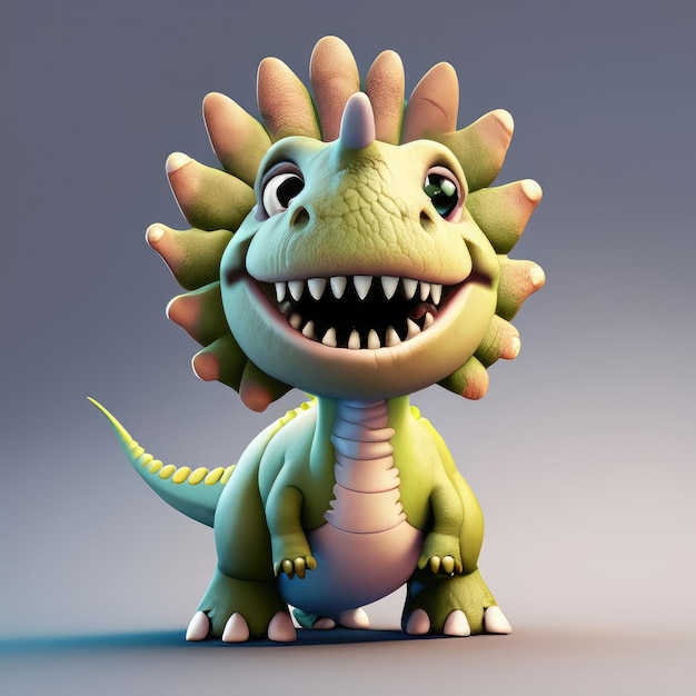 Un sorriso carino in 3D, un piccolo dinosauro Triceratops, un personaggio kawaii, un cucciolo realistico.