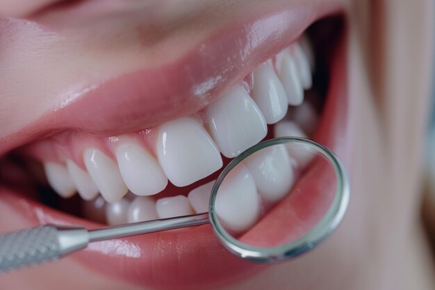 Un sorriso con i denti bianchi e uno specchio dentale