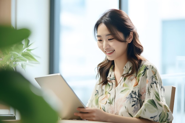 Un sorriso del servizio clienti con il tablet in mano