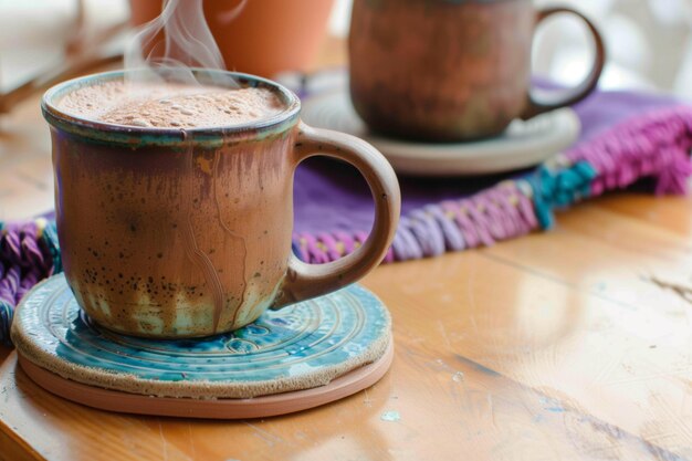 Un sottobicchiere di ceramica fatto a mano con una tazza di cioccolato caldo fumoso