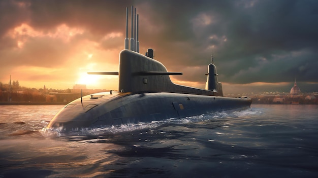 Un sottomarino galleggia nell'acqua con il sole dietro di esso.
