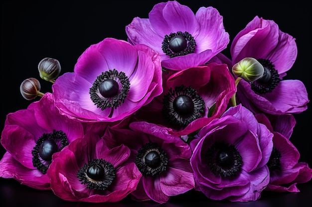 Un squisito bouquet di animose anemone viola per un elegante centro tavola in occasioni festive
